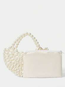 SHECARRY Beaded Handbag, Exquisite Pearl Semi-Round Handbag, Exquisite Date Party Versatile - Beige - View 3