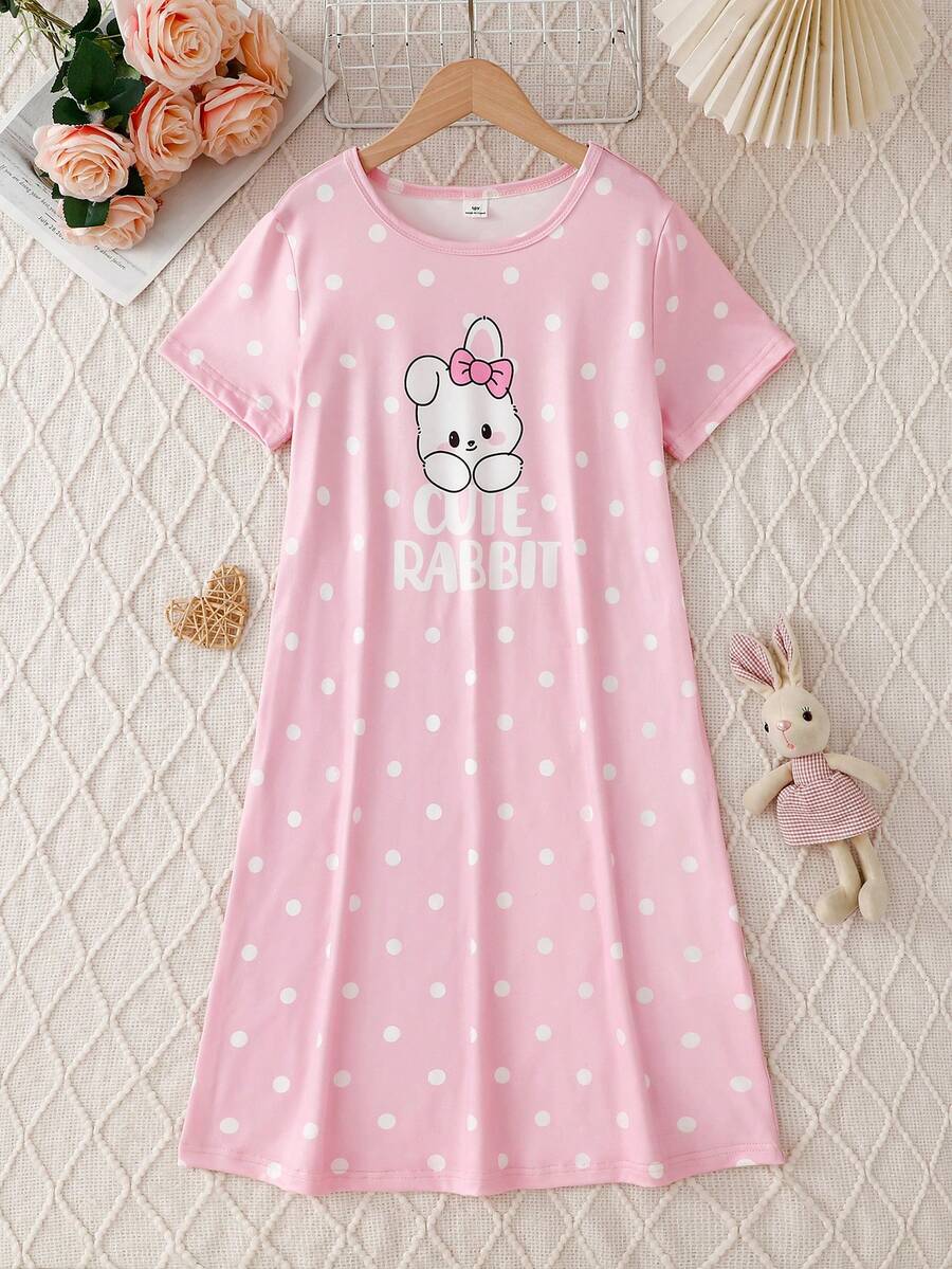 Camisón y ropa de estar en casa de niña con cuello redondo, manga corta, estampado minimalista de puntos rosados, letras en inglés y conejito lindo - Rosa - Ver 1