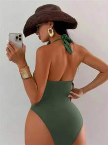 Swim SXY Women's Solid Deep V Neck Metal Decor Sexy One-Piece Swimsuit - Army Green - View 2