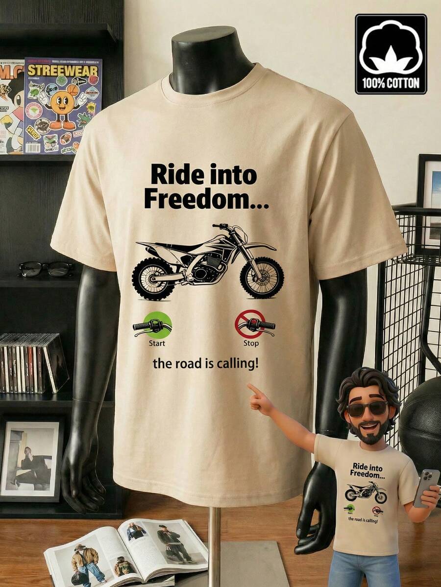 Manfinity Homme Men's Letter Print Round Neck Casual Short Sleeve Loungewear Top Men Graphic Tees Dirt Bike Shirt Ride Into Freedom Tee - Khaki - View 1