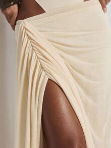 MUSERA 低腰不对称垂褶褶皱细节开衩长裙套装（单裙）可爱假日性感夜生活度假春夏优雅阳光垂褶 - 杏色 - 查看 5