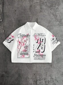 AXEPEAK 男士字母印花单排扣休闲衬衫，短袖 - 米色 - 查看 1