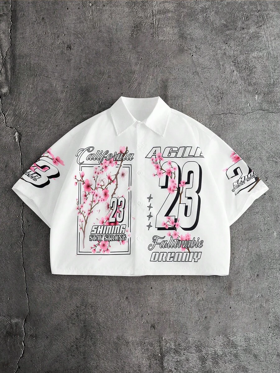 AXEPEAK 男士字母印花单排扣休闲衬衫，短袖 - 米色 - 查看 1