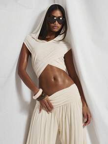 MUSERA Draped Ruched Cross Over Hooded Top Coord Top Only Cute Holiday Sexy Night Out Vacation Spring Summer Elegant Soleil Drape - Cream - View 5