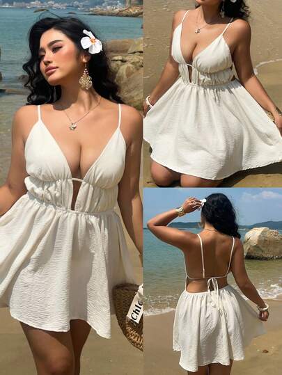 Sunnyshic Plus Size Women's Romantic Collegiate Sexy Cinched Waist Backless Tie V-Neck Dress, Pleated Bust Design, Spaghetti Strap Dress, A-Line Dress, Sleeveless Dress, White Dress, Wedding Season, Bridesmaid Dress, Music Festival Dress, Sundress, Back To School Dress, Beach Vacation Dress, Suitable For Spring & Summer