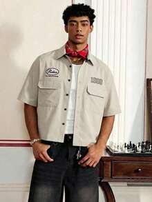 SWAVVY 男士涤纶短款半袖衬衫，立领，字母印花口袋，街头风男衬衫，男士短款纽扣衬衫 - 杏色 - 查看 4