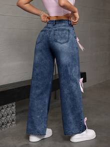 SHEIN EZwear Women's Bow Decor Raglan Wide Leg Casual Cute Jeans Back-To-School School Navy Blue Summer - Blue - View 2