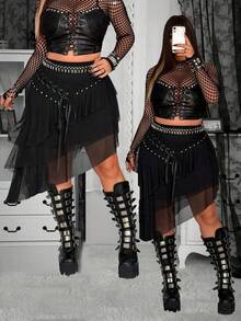 Whyspr Plus Size Punk Eyelet Lace-Up Layered Skirt, Spring/Summer - Black - View 1