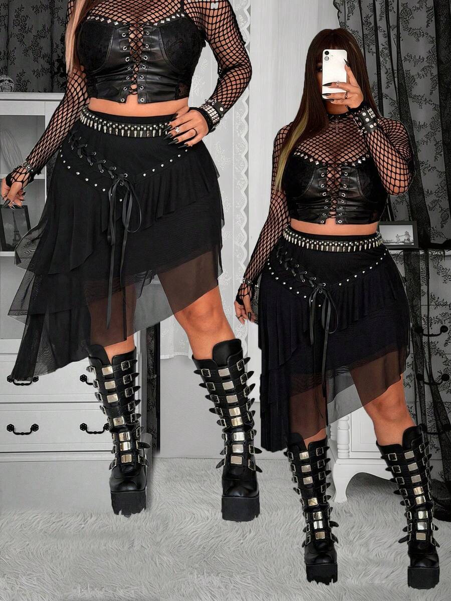 Whyspr Plus Size Punk Eyelet Lace-Up Layered Skirt, Spring/Summer - Black - View 1