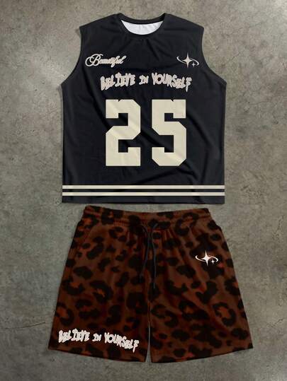 Manfinity ZONE917 25# 黑色宽松星豹纹休闲运动背心短裤套装，时尚街头风，适合夏季，送朋友的好礼物