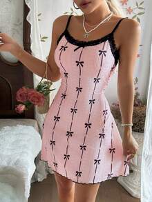 CottageSlumber Black Bow Tie Print Contrast Lace Trim Jacquard Camisole Nightgown - Pink - View 6