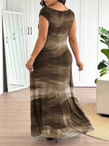 Lounesse Plus Size Elegant Tie Dye Print Maxi Fishtail Dress,Formal Dresses For Women - Chocolate Brown - View 2