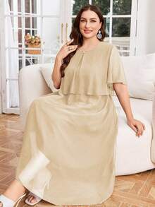 Modelyn Plus Size Women Solid Color Round Neck Fashionable Date Party Dress - Apricot - View 4
