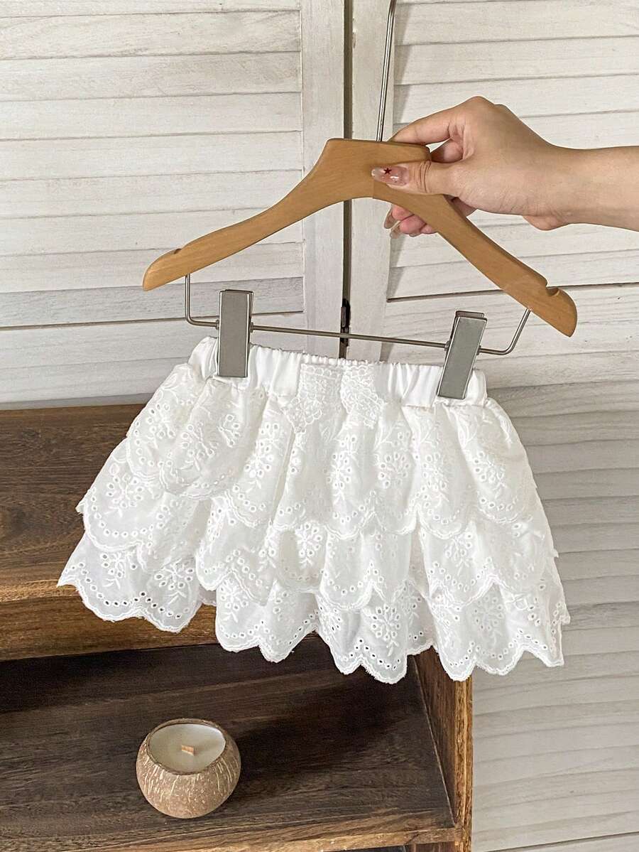 SHEIN 女婴可爱网纱刺绣多层裙 - 白色 - 查看 1