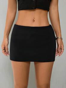 SHEIN PETITE 2件套纯色简约设计休闲夏季百搭迷你裙 - 黑色 - 查看 9