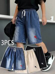 3件套/套 青少年男童套装，买一送二：牛仔短裤2条+休闲梭织短裤2条，刺绣点缀，适合日常、上学、户外活动、春夏穿着。 - 彩色 - 查看 8