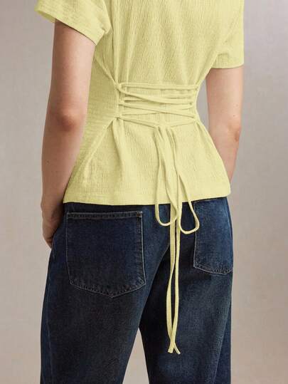 BizChic Spring/Summer New Arrival Off-Shoulder Textured Knit Tie-Waist Bowknot Adjustable T-Shirt, Versatile For Layering, Easter, St. Patrick's Day, Elegant Urban Commute, Daily Casual, 90s Retro, Party, Beach, Graduation, Holiday, Wedding Guest, Bridesmaid, Hostess,Summer Top