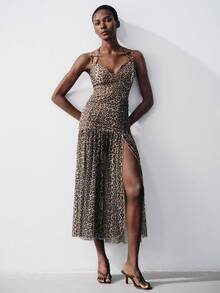 Aveloria Modichic New Fashionable Mesh Printed Leopard Print Slip Dress With Extra-Large Hem - Coffee - View 4