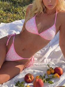 Swim Mod 2件套性感露背纯色亮片比基尼泳衣，春夏款 - 粉色 - 查看 1