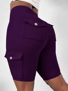 SHEIN LUNE Plus Size High Waist Fold-Over Cargo Running Shorts With Pockets, Tummy Control & Butt Lifting - Purple - View 1