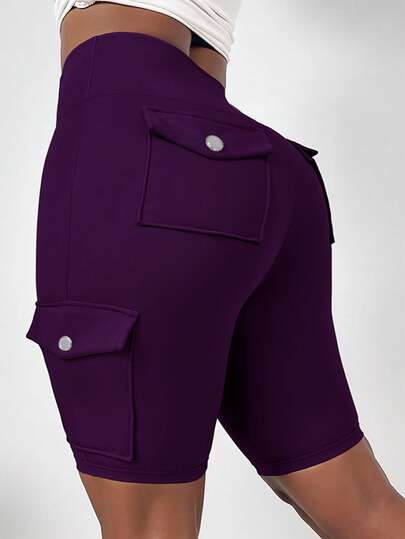 SHEIN LUNE Plus Size High Waist Fold-Over Cargo Running Shorts With Pockets, Tummy Control & Butt Lifting