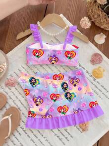 SHEIN Young Girl Letter & Cartoon Print Bikini Set With Mini Skirt, Suitable For Summer Vacation & Beach - Multicolor - View 6