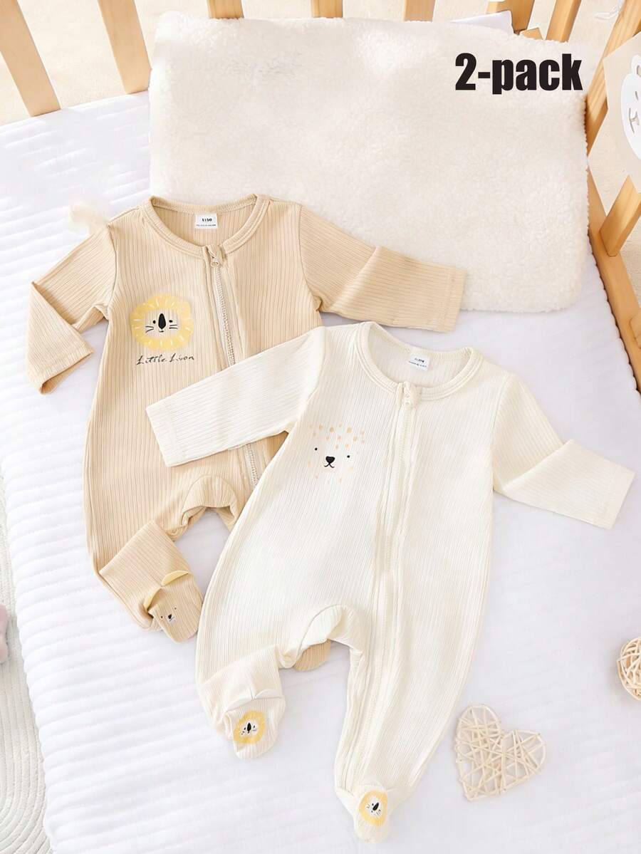 2pcs Newborn Baby Boys/Girls Casual Ribbed Lion & Leopard Cartoon Pattern Comfortable Zip-Up Jumpsuit, Suitable For All Seasons - Multicolor - View 1
