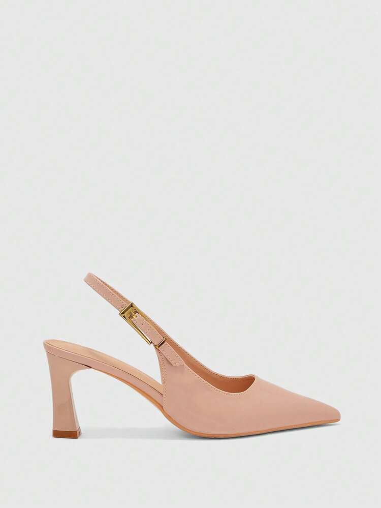 CUCCOO BIZCHIC Women Shoes Women's High-Heeled Shoes Spring And Summer Dating Pointed Thick Heel 8cm Elegant Patent Leather Solid Color Versatile Workplace Daily Street Fashion Metal Buckle Back Strap Comfortable Low Vamp Women's Shoes