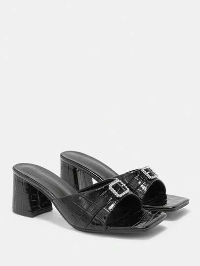 CUCCOO CURVES Women Shoes Wide Fit Fashion Square Toe Thick High Heel Black Embossed Diamond Buckle Simple Classic Daily Comfort Fattened High Heel Women's Sandals Slippers Plus Size
