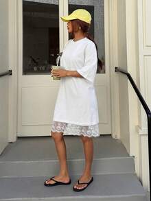 Muchica 女士夏季新款蕾丝拼接宽松短袖T恤迷你连衣裙 - 白色 - 查看 7