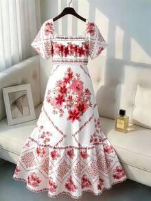 GlowEve CURVE 大码女式荷叶边袖收腰印花连衣裙，适合度假和浪漫旅行 - 彩色 - 查看 2