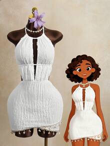 Zestiva Spring/Summer High-Selling Special Fabric Halter Tie Waist Ruched Hem Starfish & Shell Trim Dress - Multicolor - View 3