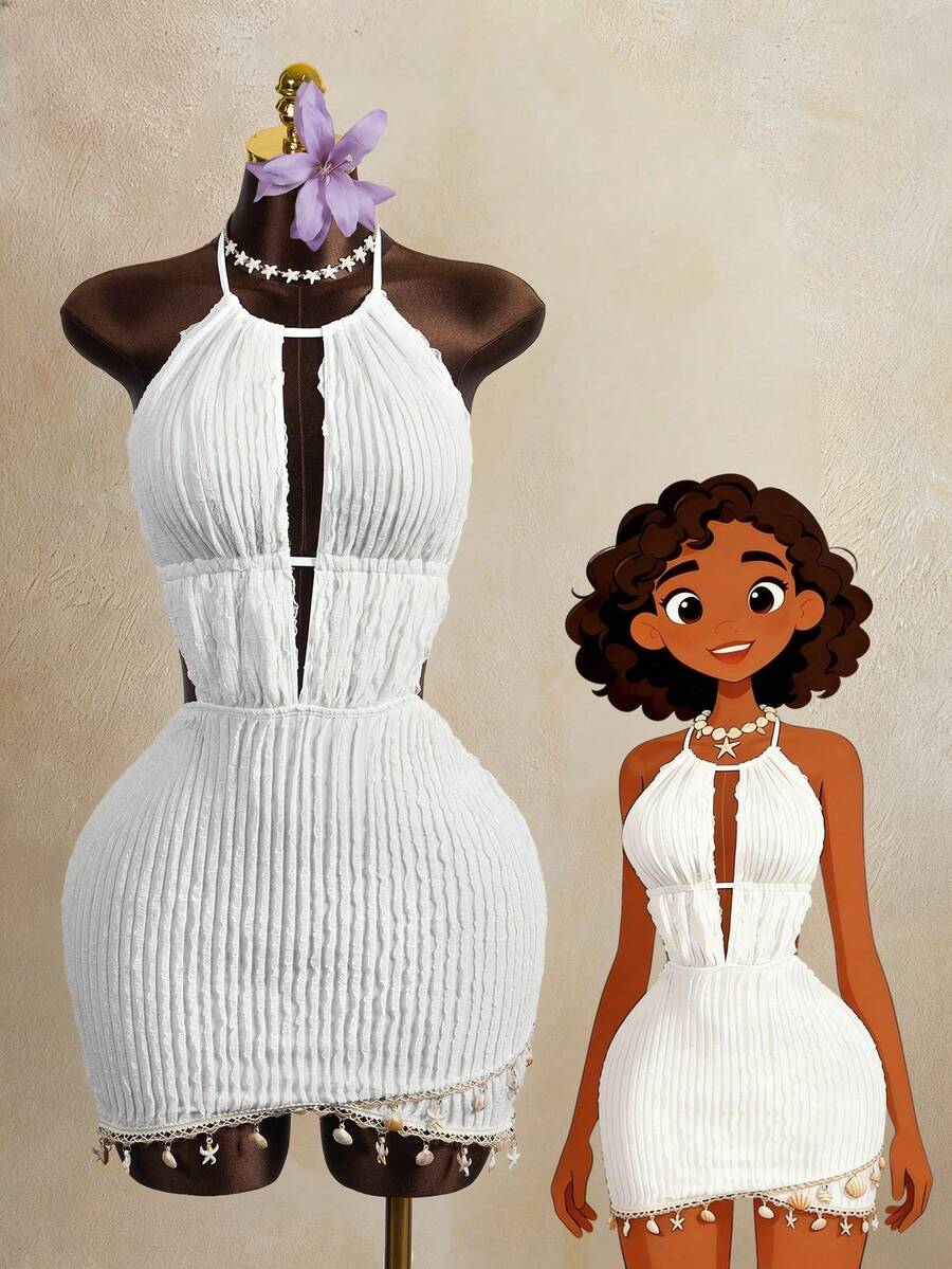 Zestiva 春夏热销特制面料露背系带褶皱下摆海星贝壳装饰连衣裙 - 彩色 - 查看 1