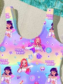 Bộ đồ bơi liền thân in hình hoạt hình tối giản, màu tím rực rỡ, dành cho bé gái tuổi teen, thích hợp cho mùa hè. - Nhiều màu - Xem 5