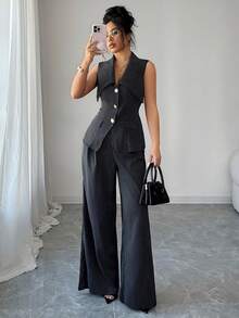 SHEIN Elenzya 无袖收腰外套搭配直筒裤，条纹面料，优雅女士套装 - 彩色 - 查看 6