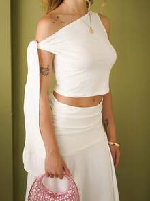 Ananda Vibes Women's Solid Color Asymmetric Shoulder Tie Blouse + Asymmetrical Hem High-Slit Ruched Skirt Graduation Dress Set - White - View 6