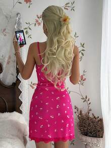 CottageSlumber Hot Pink Rib Knit Slip Dress With Spaghetti Straps Short Length Contrast Lace Detail And Plant Pattern For Women - Hot Pink - View 2