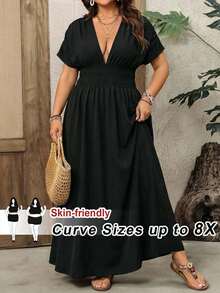 SHEIN CURVE+ Curve 尺码 US22 音乐节、海滨度假、波西米亚风女士深V纯色黑色侧开衩长裙、度假裙、长裙 - 黑色 - 查看 6