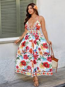 Breezaya Plus Size Women's Adjustable Criss-Cross Strap Waist Cinching Floral & Bird Print Dress, Suitable For Music Festivals, Mother's Day, Parties, Weddings, Boho Vacation, Spring/Summer Zanea Dress For Woman Zanzea Dress For Woman Resort Wear Women Vacation Dress Zanzea Dress For Women Plus Size Beach Dress Women Dress Summer Dress Floral Print Dress Zante Holiday Outfit Ladies Dresses - Apricot - View 7