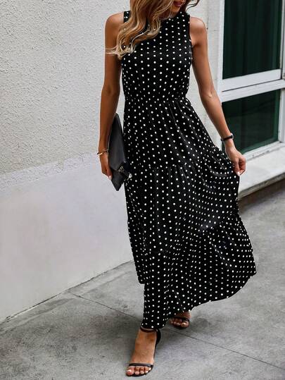EMERY ROSE Polka Dot Sleeveless Ruffle Hem A-Line Dress Maxi Women Outfit