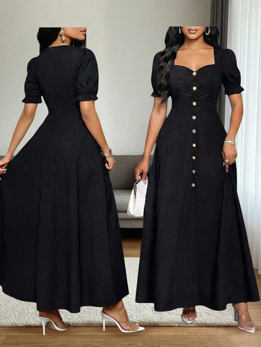 SHEIN Lady Robe élégante à col en cœur, manches à volants en pétales, boutonnage simple pour femmes, couleur unie - Noir - Voir 1
