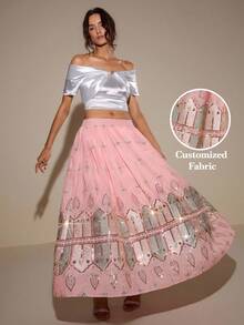 LOTSLUV Chân váy vải đính sequin màu tím dành cho nữ - Hồng - Xem 5