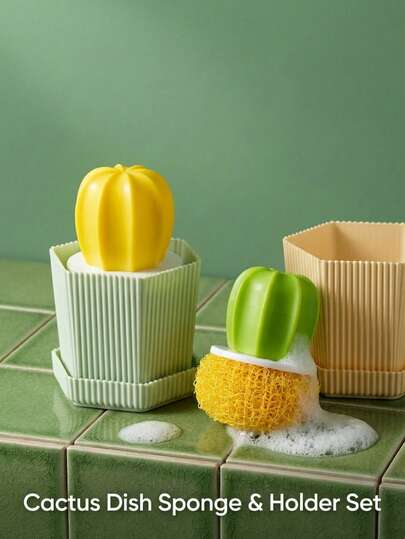 Joivida 1pc Cactus Shaped Dishwashing Brush With Drip Tray, Sturdy Cleaning Brush Set For Kitchen Use, Suitable For Plates, Pots, Pans, And Sinks, Green