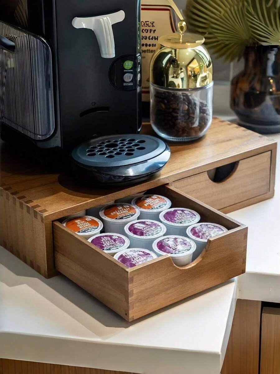 Hộp đựng viên cà phê bằng gỗ, kệ đựng viên cà phê và trà, giá đỡ máy pha cà phê, hộp đựng đồ kiểu ngăn kéo đặt dưới máy pha cà phê. - Nhiều màu - Xem 1