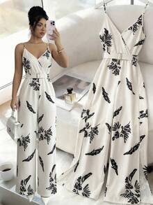 GlowEve Mono de pierna ancha con estampado tropical de plantas elegante y casual para mujer - Blanco y Negro - Ver 5