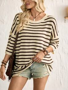 Breezaya Casual Coffee Brown Striped Rib-Knit Pullover Sweater For Women Long Asymmetrical Hem Round Neck Drop Shoulder Three Quarter Sleeve - Coffee Brown - View 4