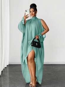 Maweii Gaun Elegan Ukuran Plus dengan Bahu Terbuka dan Hem Asimetris, Musim Panas dan Gugur - Biru - View 1