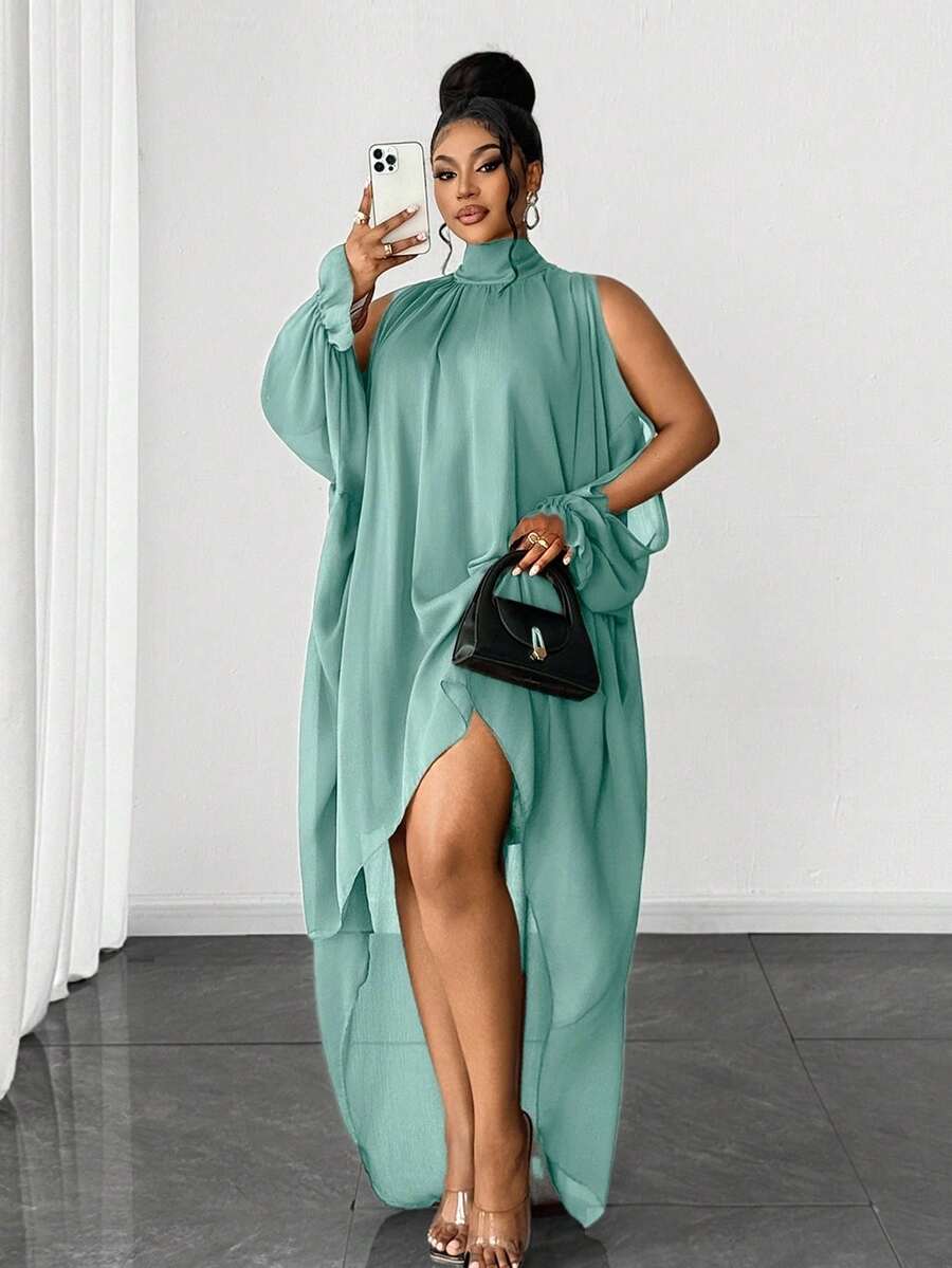 Maweii Gaun Elegan Ukuran Plus dengan Bahu Terbuka dan Hem Asimetris, Musim Panas dan Gugur - Biru - View 1