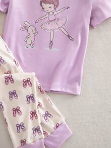 SHEIN 2件套 少女可爱休闲梦幻紫色芭蕾舞鞋印花短袖打底裤家居服套装，春夏款 - 紫色 - 查看 5
