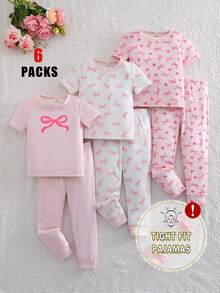 Genkimix Kids Bộ đồ ngủ ngắn tay ôm sát 6 món cho bé gái, in hình nơ và trái tim, co giãn, có thể giặt máy, thoải mái khi mặc, 3 bộ bán riêng lẻ. - Hồng - Xem 8